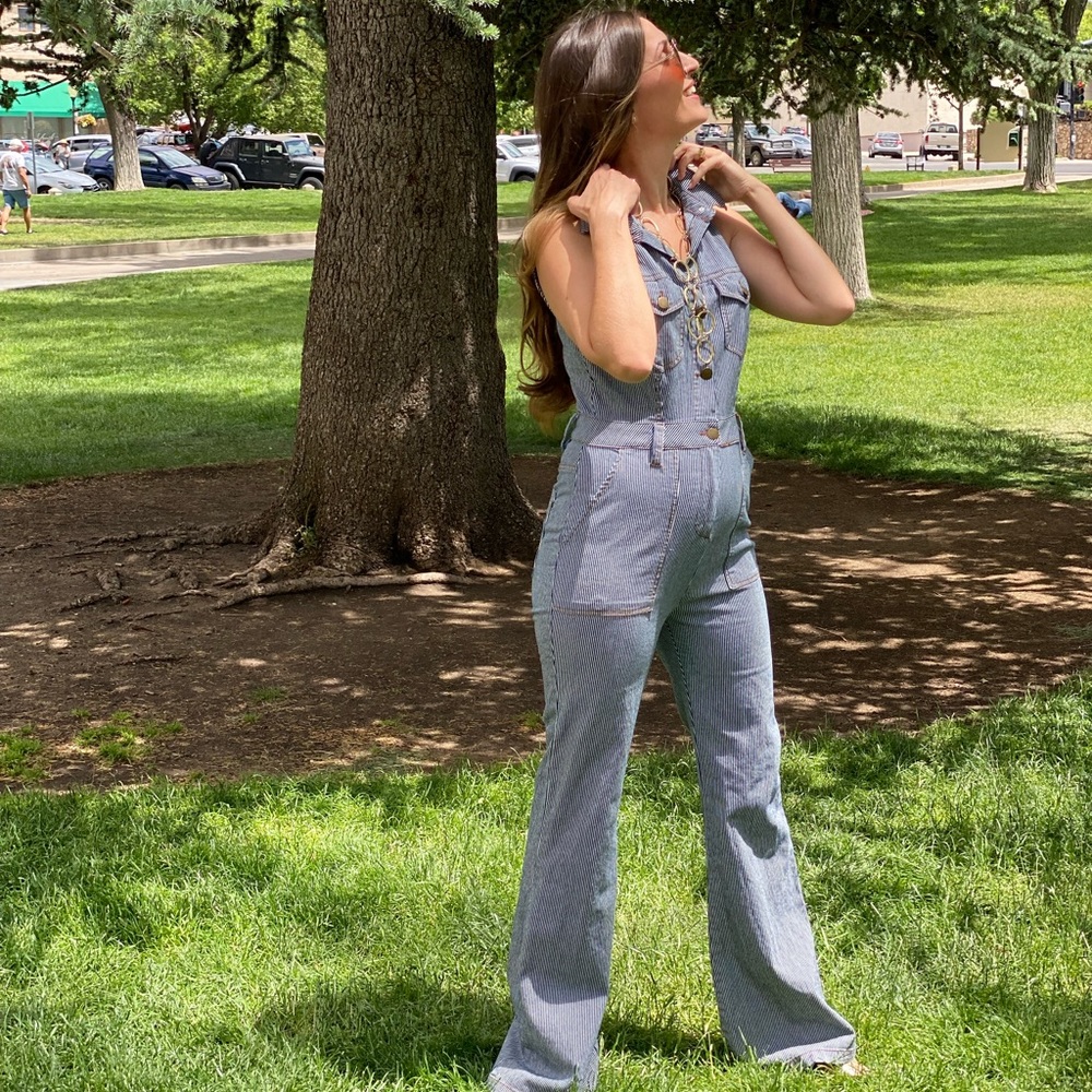 Forever 21 Hickory Stripes Sleeveless Denim Pants Jumpsuit Medium